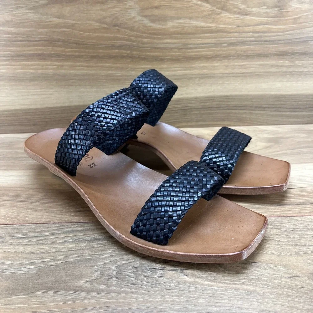 CYDWOQ‎ Womens Sandals Size 9 Black Woven Leather Low Heel Slide USA Made